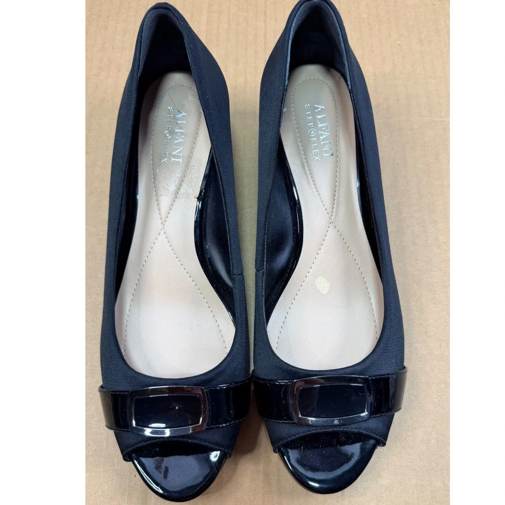 Alfani Step N Flex Wedge Shoes Women 9.5 Black Peep Toe Office Comfort Heels